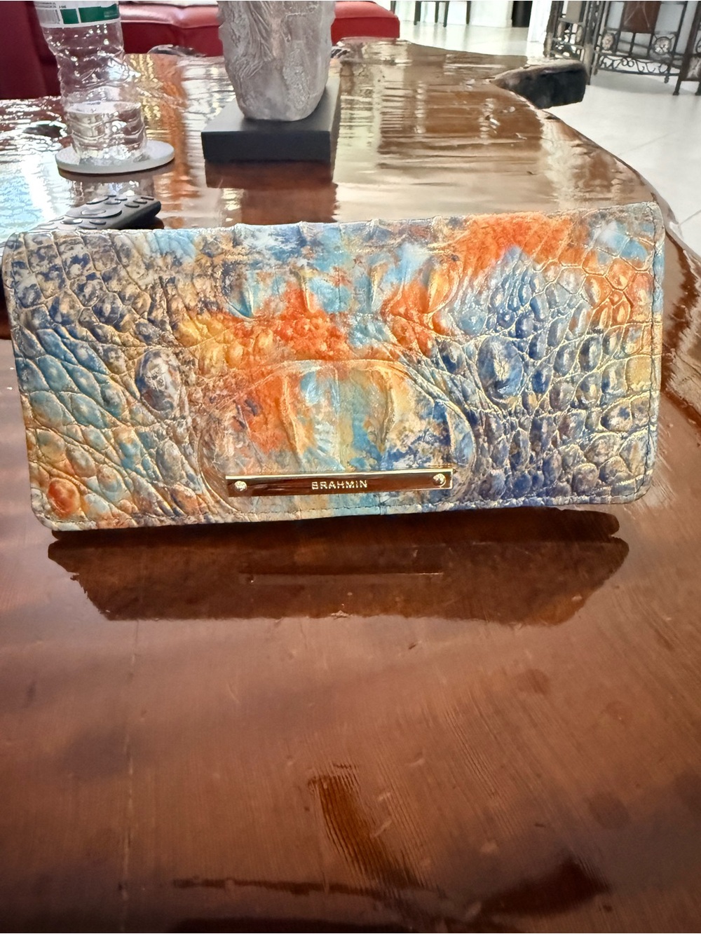 Brahmin Orange and Blue Croc-Embossed Leather Wallet